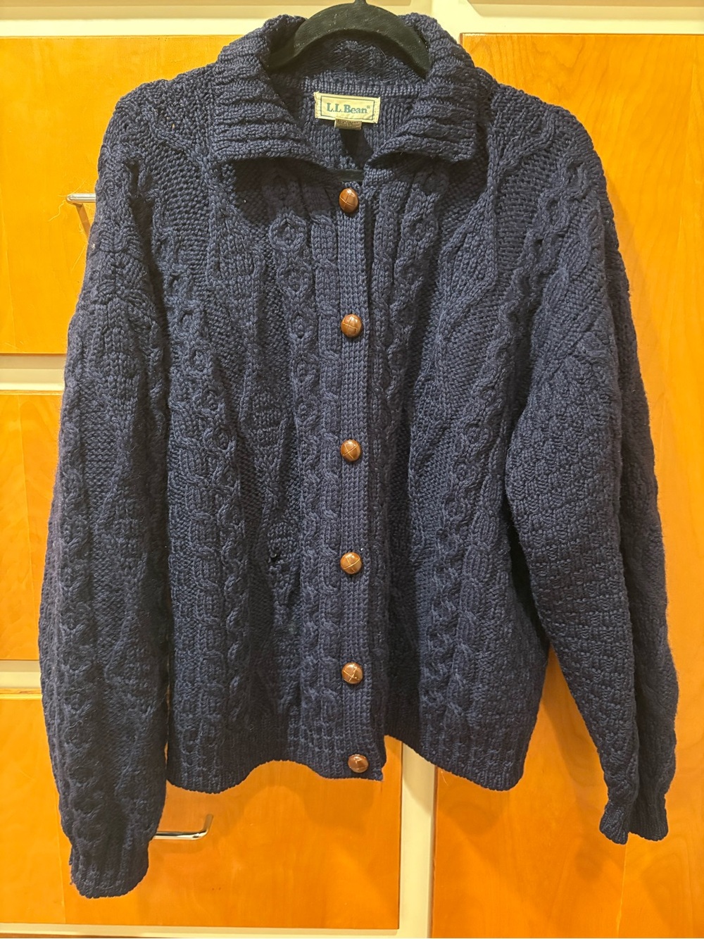 L.L. Bean Navy Cable Knit Cardigan Vintage Fisherman Wool Ireland Women’s XL